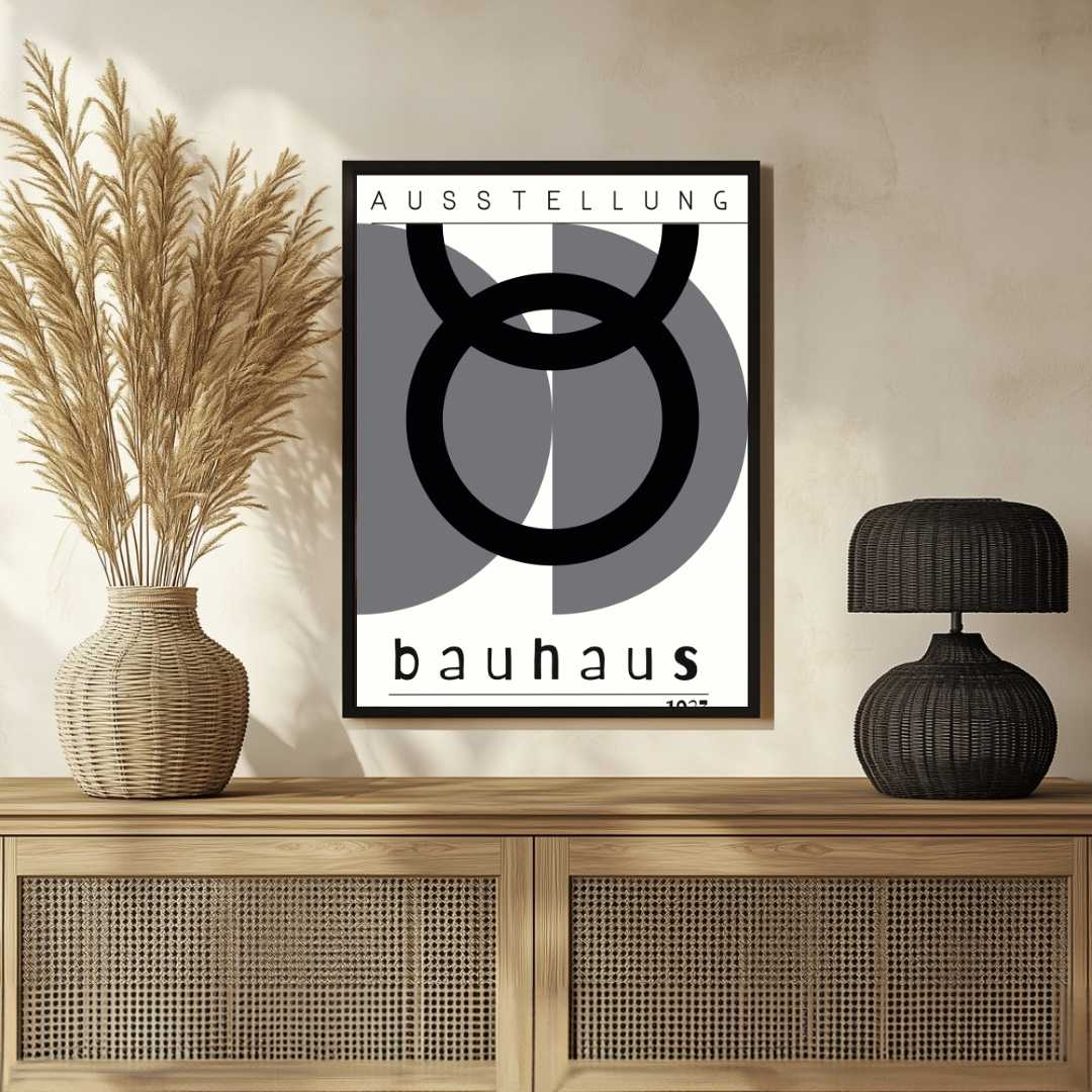 Bauhaus "Ausstellung 1923" Overlapping Geometric Crescent & Ring Poster | Vertical White Framed Wall Art 2 : 3 Vertical Premium Wall Art Canvas by MeriDeewar