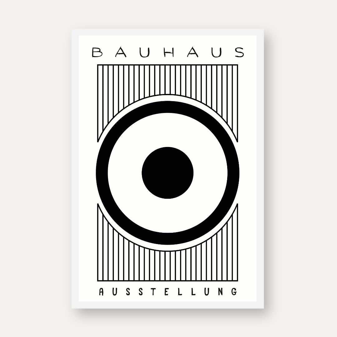 Bauhaus "Ausstellung" Concentric Target and Vertical Lines Poster | Vertical High-Contrast White Framed Wall Art 2 : 3 Vertical Premium Wall Art Canvas by MeriDeewar