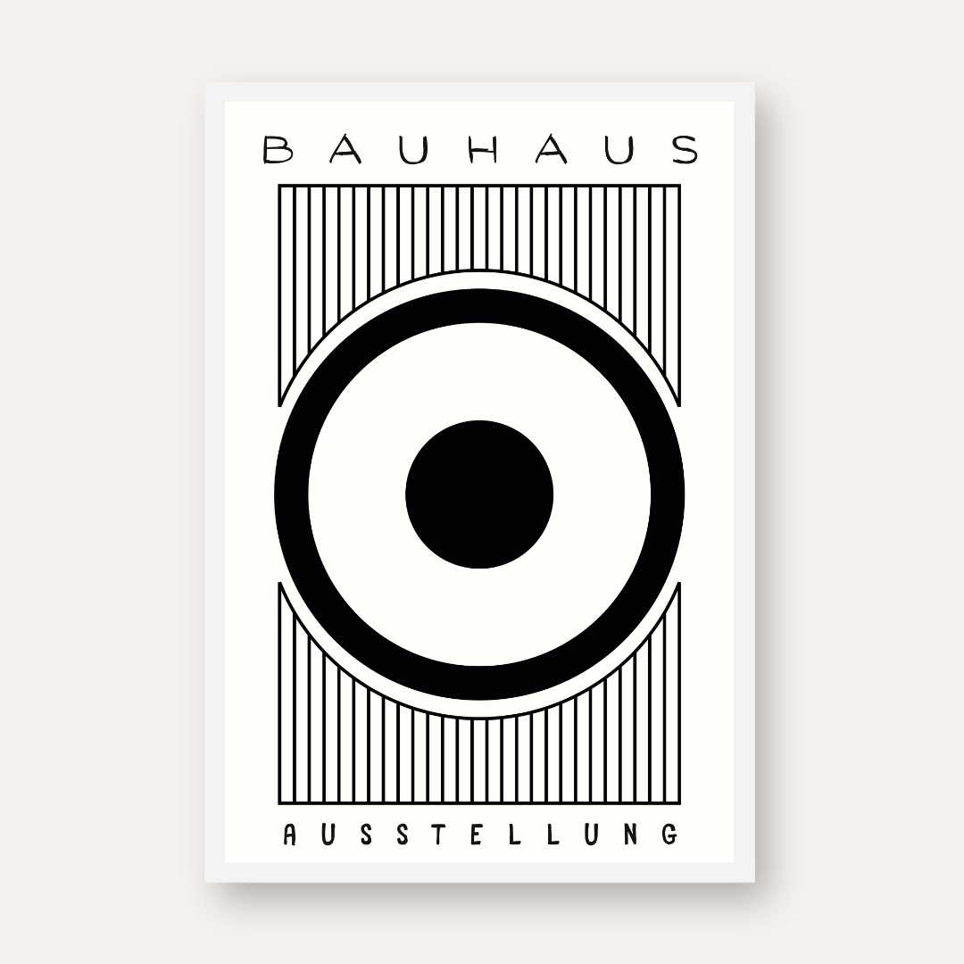 Bauhaus "Ausstellung" Concentric Target and Vertical Lines Poster | Vertical High-Contrast White Framed Wall Art 2 : 3 Vertical Premium Wall Art Canvas by MeriDeewar