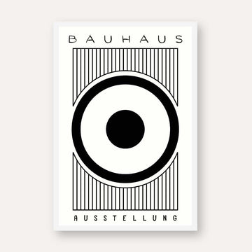 Bauhaus "Ausstellung" Concentric Target and Vertical Lines Poster | Vertical High-Contrast White Framed Wall Art 2 : 3 Vertical Premium Wall Art Canvas by MeriDeewar
