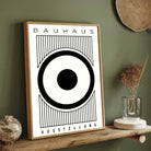 Bauhaus "Ausstellung" Concentric Target and Vertical Lines Poster | Vertical High-Contrast White Framed Wall Art 2 : 3 Vertical Premium Wall Art Canvas by MeriDeewar