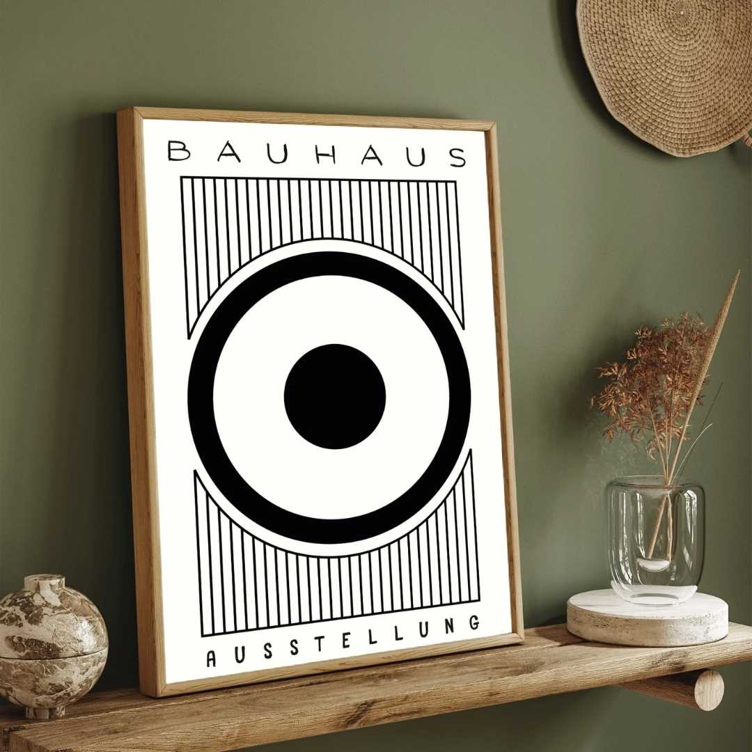 Bauhaus "Ausstellung" Concentric Target and Vertical Lines Poster | Vertical High-Contrast White Framed Wall Art 2 : 3 Vertical Premium Wall Art Canvas by MeriDeewar