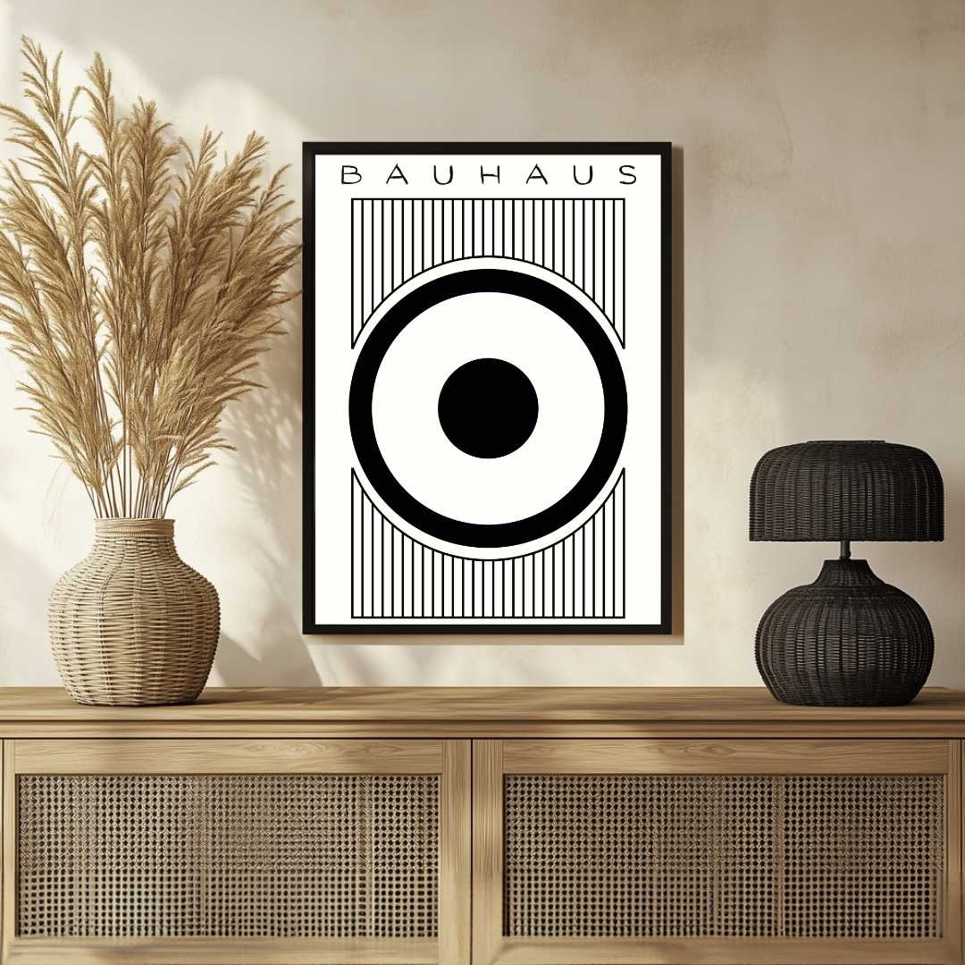 Bauhaus "Ausstellung" Concentric Target and Vertical Lines Poster | Vertical High-Contrast White Framed Wall Art 2 : 3 Vertical Premium Wall Art Canvas by MeriDeewar