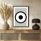 Bauhaus "Ausstellung" Concentric Target and Vertical Lines Poster | Vertical High-Contrast White Framed Wall Art 2 : 3 Vertical Premium Wall Art Canvas by MeriDeewar