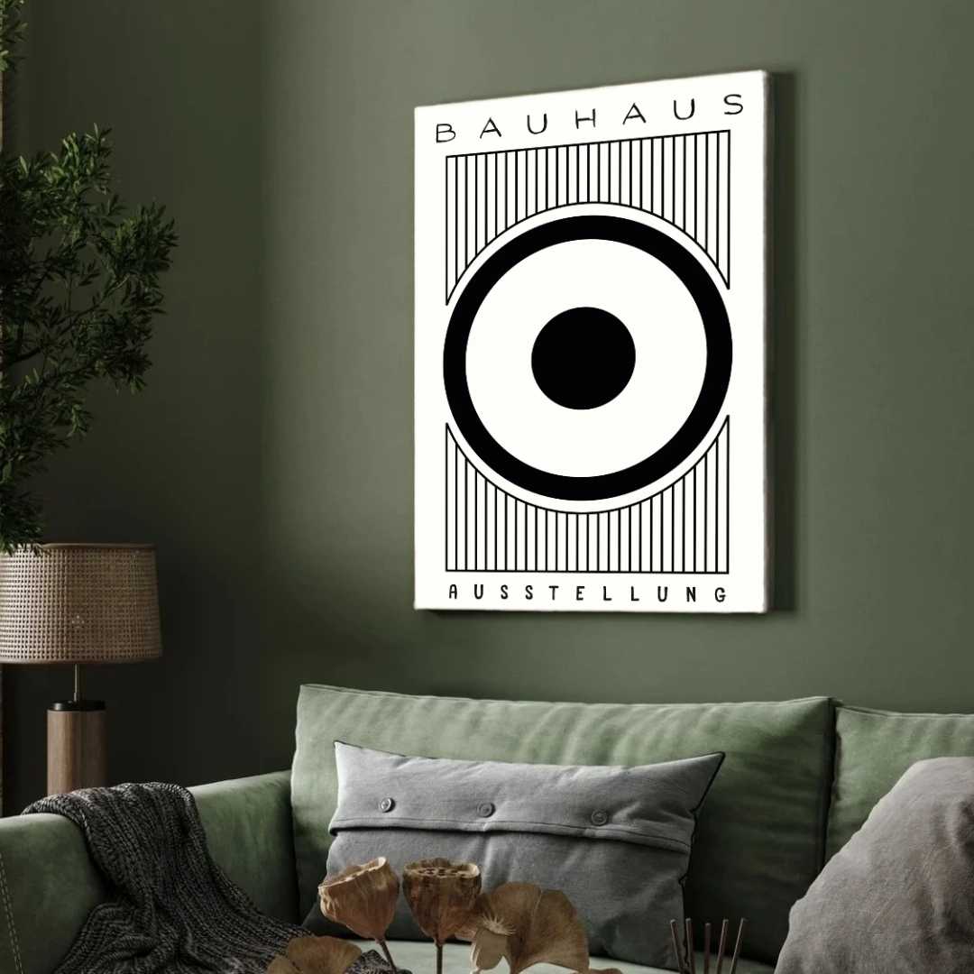 Bauhaus "Ausstellung" Concentric Target and Vertical Lines Poster | Vertical High-Contrast White Framed Wall Art 2 : 3 Vertical Premium Wall Art Canvas by MeriDeewar