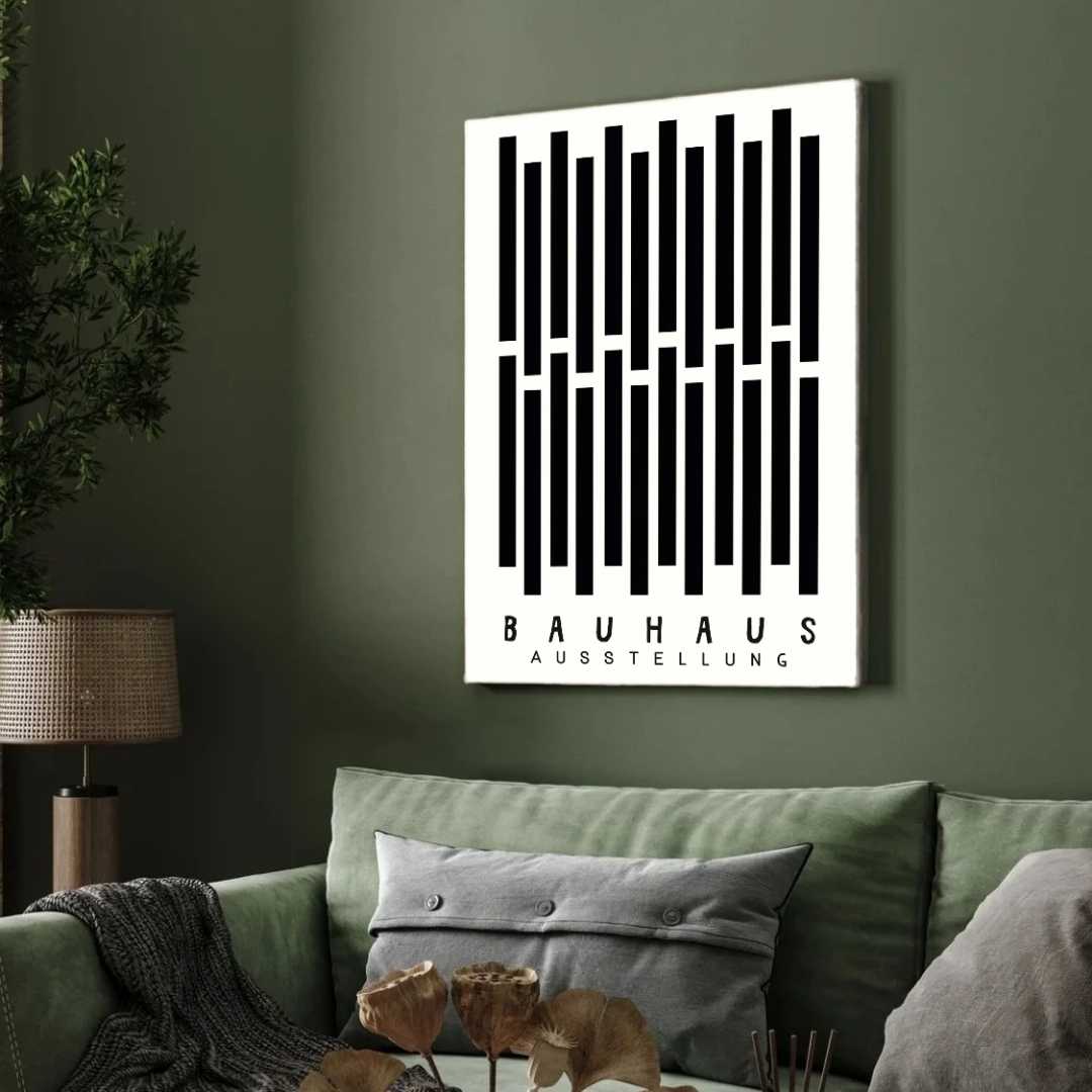 Bauhaus "Ausstellung" Interlocking Vertical Bars Poster | Vertical High-Contrast White Framed Wall Art 2 : 3 Vertical Premium Wall Art Canvas by MeriDeewar