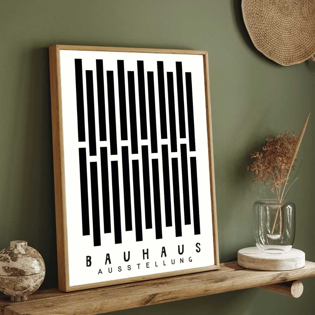 Bauhaus "Ausstellung" Interlocking Vertical Bars Poster | Vertical High-Contrast White Framed Wall Art 2 : 3 Vertical Premium Wall Art Canvas by MeriDeewar