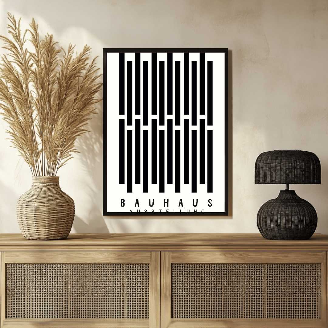 Bauhaus "Ausstellung" Interlocking Vertical Bars Poster | Vertical High-Contrast White Framed Wall Art 2 : 3 Vertical Premium Wall Art Canvas by MeriDeewar