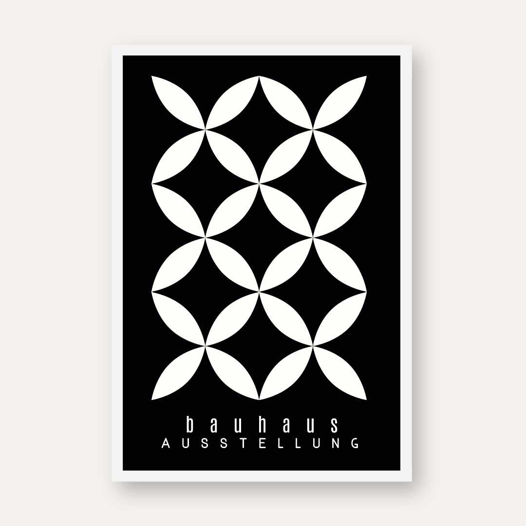 Bauhaus "Ausstellung" Interlocking White Petal Lattice Poster | Vertical High-Contrast White Framed Wall Art 2 : 3 Vertical Premium Wall Art Canvas by MeriDeewar