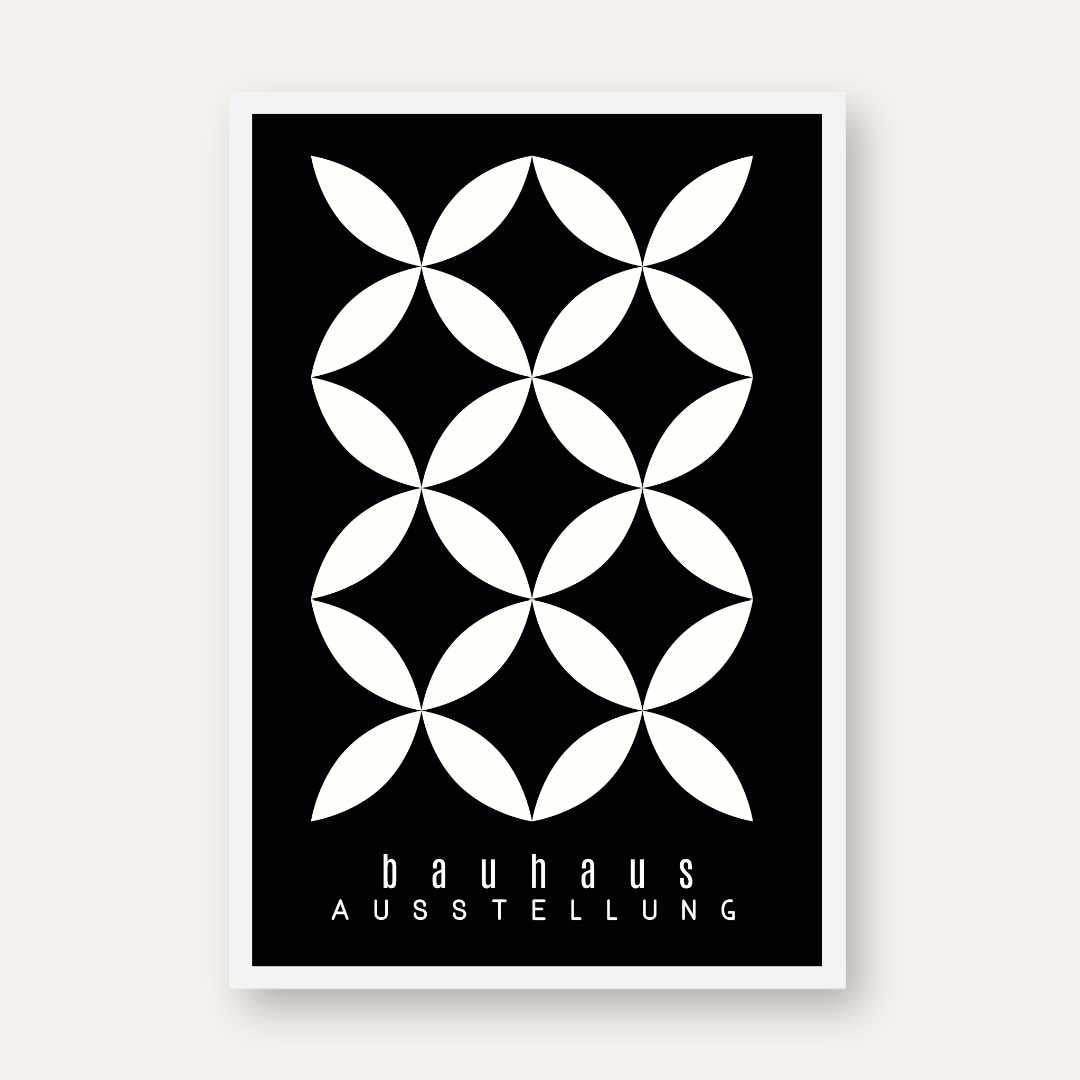 Bauhaus "Ausstellung" Interlocking White Petal Lattice Poster | Vertical High-Contrast White Framed Wall Art 2 : 3 Vertical Premium Wall Art Canvas by MeriDeewar