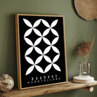 Bauhaus "Ausstellung" Interlocking White Petal Lattice Poster | Vertical High-Contrast White Framed Wall Art 2 : 3 Vertical Premium Wall Art Canvas by MeriDeewar