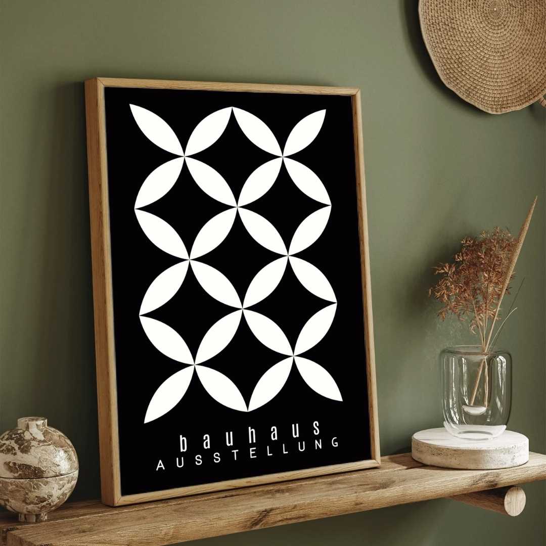 Bauhaus "Ausstellung" Interlocking White Petal Lattice Poster | Vertical High-Contrast White Framed Wall Art 2 : 3 Vertical Premium Wall Art Canvas by MeriDeewar