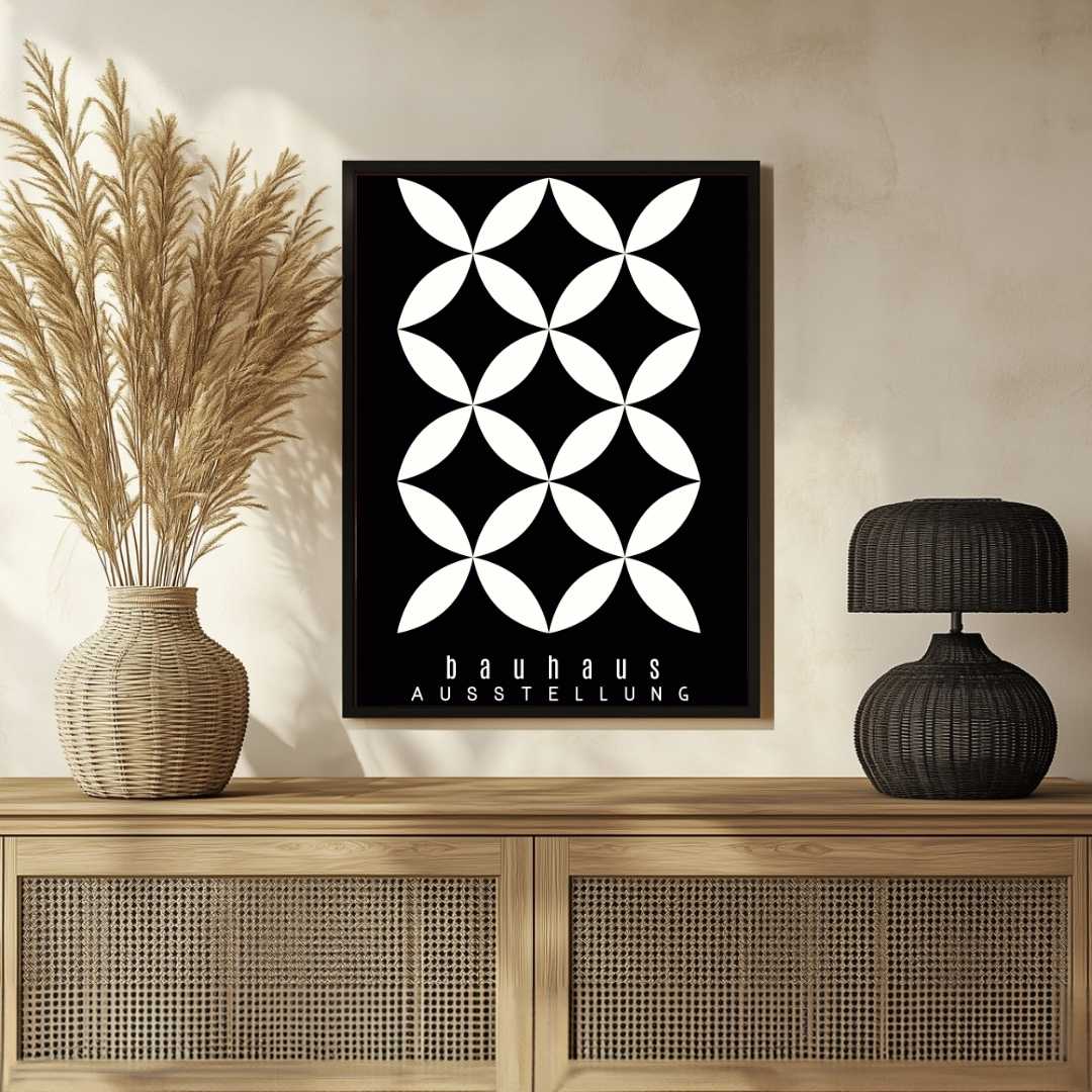 Bauhaus "Ausstellung" Interlocking White Petal Lattice Poster | Vertical High-Contrast White Framed Wall Art 2 : 3 Vertical Premium Wall Art Canvas by MeriDeewar