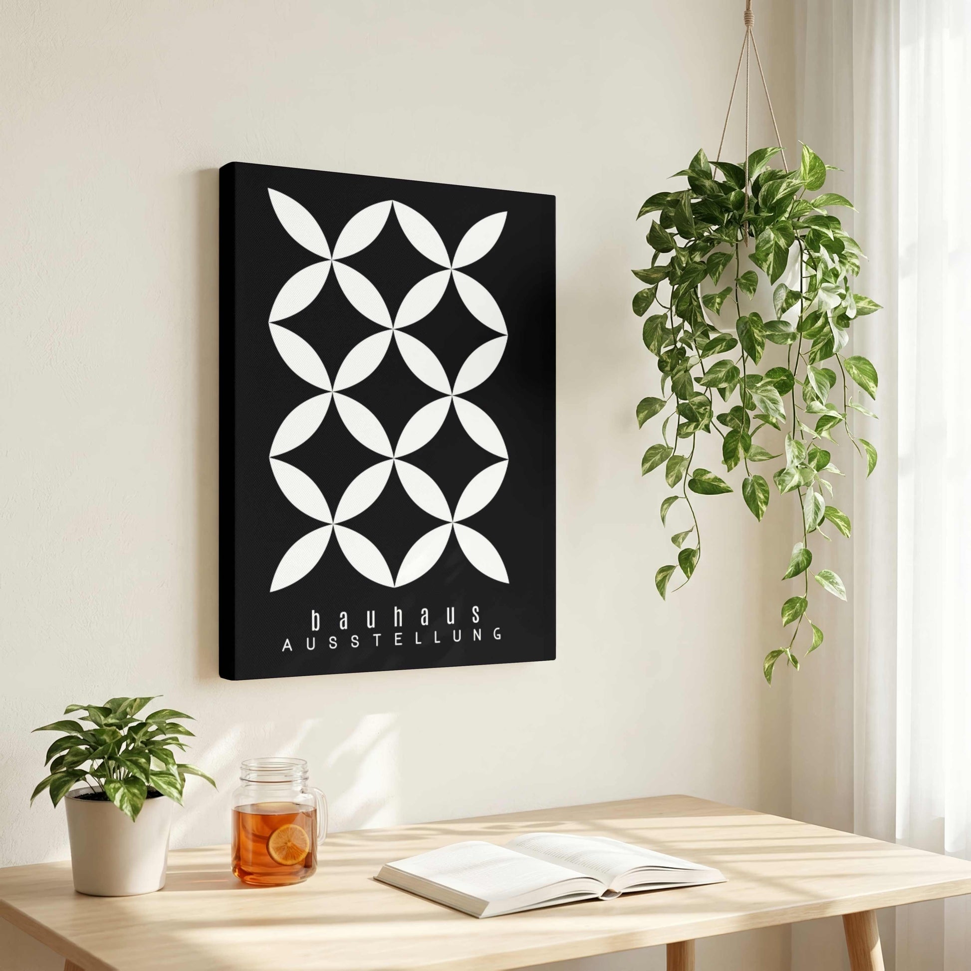 Bauhaus "Ausstellung" Interlocking White Petal Lattice Poster | Vertical High-Contrast White Framed Wall Art 2 : 3 Vertical Premium Wall Art Canvas by MeriDeewar