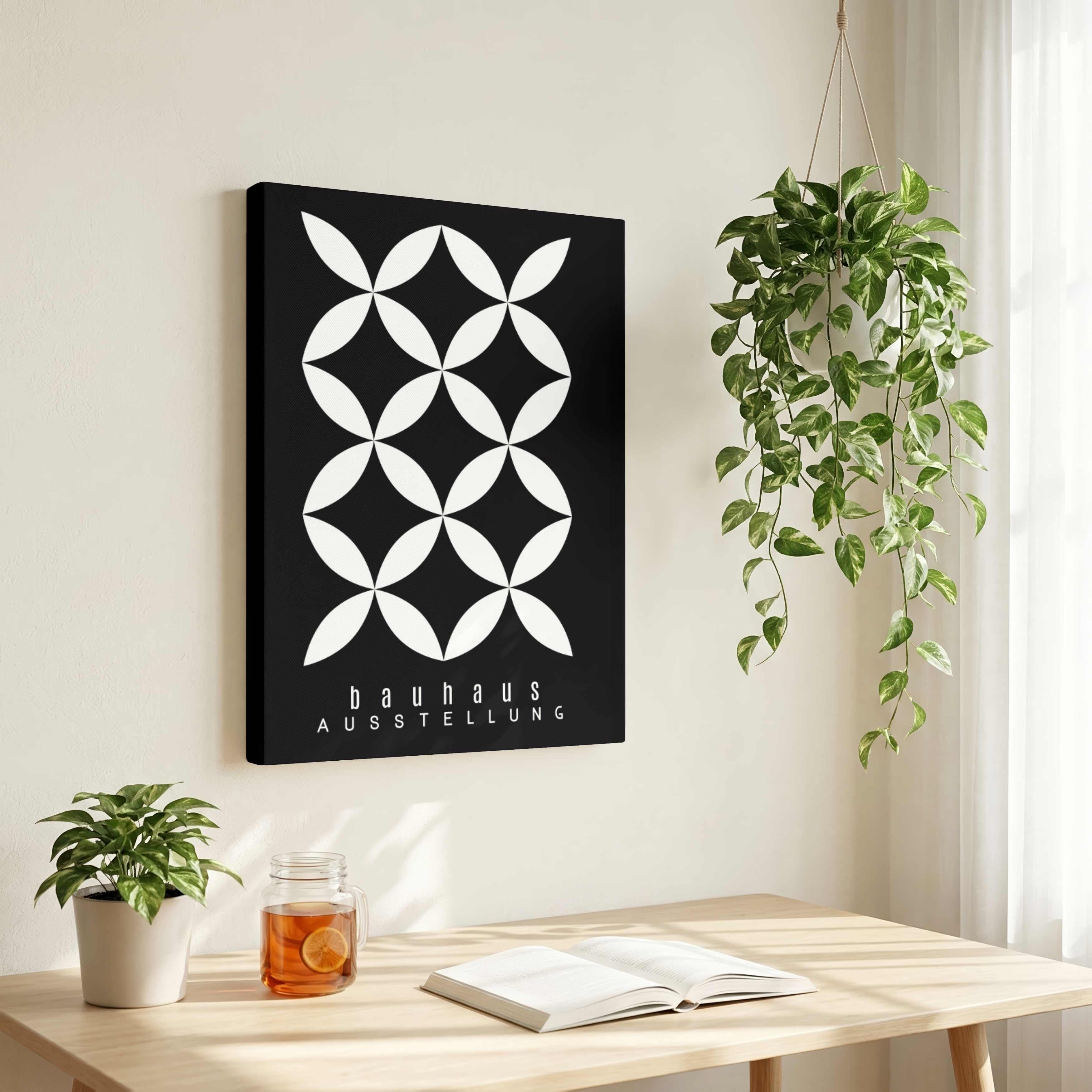 Bauhaus "Ausstellung" Interlocking White Petal Lattice Poster | Vertical High-Contrast White Framed Wall Art 2 : 3 Vertical Premium Wall Art Canvas by MeriDeewar