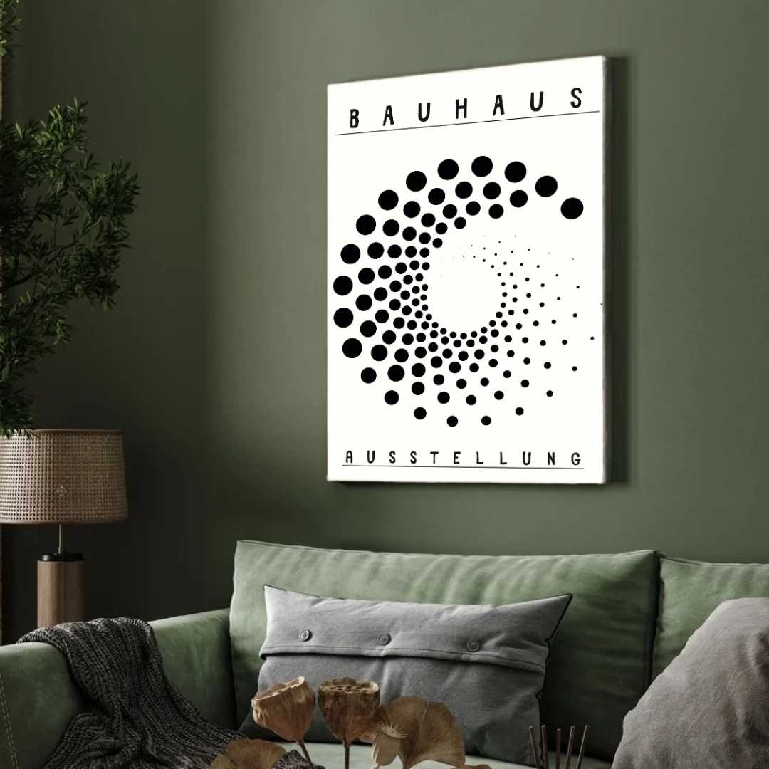 Bauhaus "Ausstellung" Kinetic Halftone Spiral Poster | Vertical High-Contrast White Framed Wall Art 2 : 3 Vertical Premium Wall Art Canvas by MeriDeewar