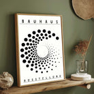 Bauhaus "Ausstellung" Kinetic Halftone Spiral Poster | Vertical High-Contrast White Framed Wall Art 2 : 3 Vertical Premium Wall Art Canvas by MeriDeewar