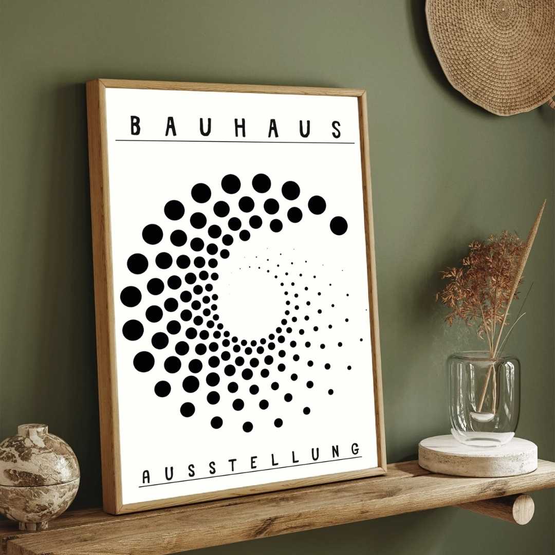 Bauhaus "Ausstellung" Kinetic Halftone Spiral Poster | Vertical High-Contrast White Framed Wall Art 2 : 3 Vertical Premium Wall Art Canvas by MeriDeewar