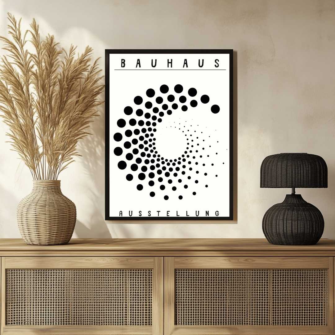 Bauhaus "Ausstellung" Kinetic Halftone Spiral Poster | Vertical High-Contrast White Framed Wall Art 2 : 3 Vertical Premium Wall Art Canvas by MeriDeewar