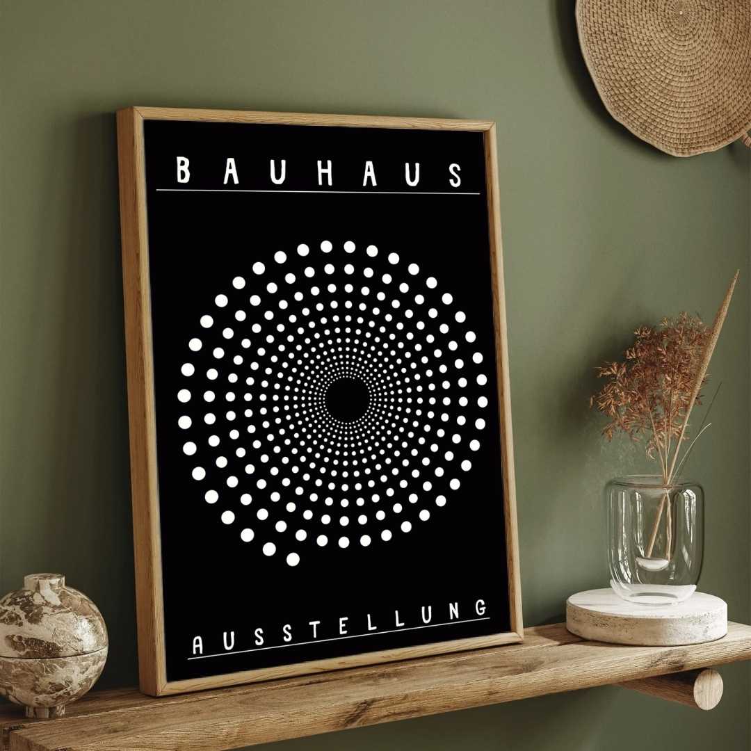 Bauhaus "Ausstellung" Kinetic Halftone Spiral Poster | Vertical High-Contrast White Framed Wall Art 2 : 3 Vertical Premium Wall Art Canvas by MeriDeewar