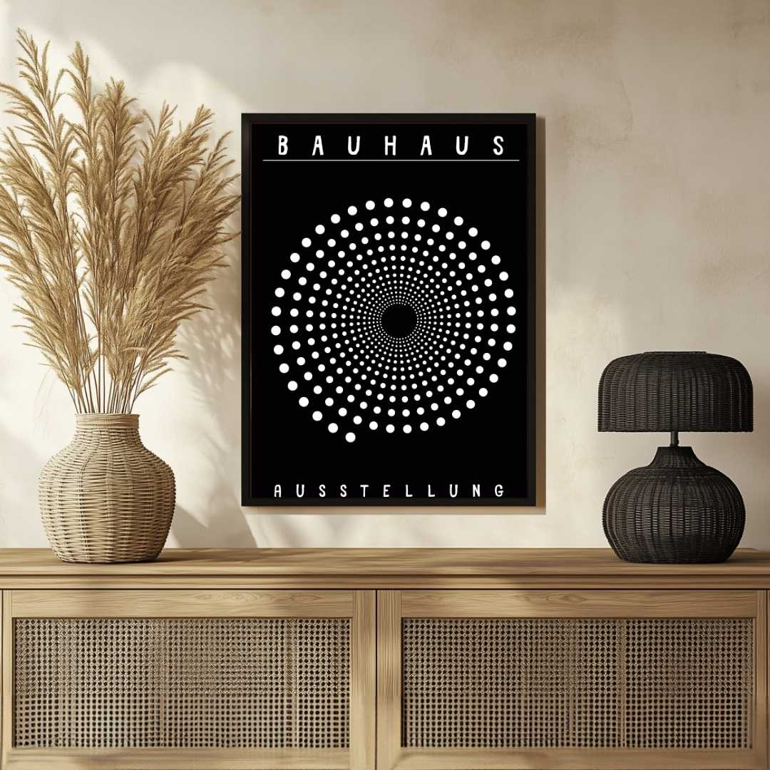 Bauhaus "Ausstellung" Kinetic Halftone Spiral Poster | Vertical High-Contrast White Framed Wall Art 2 : 3 Vertical Premium Wall Art Canvas by MeriDeewar