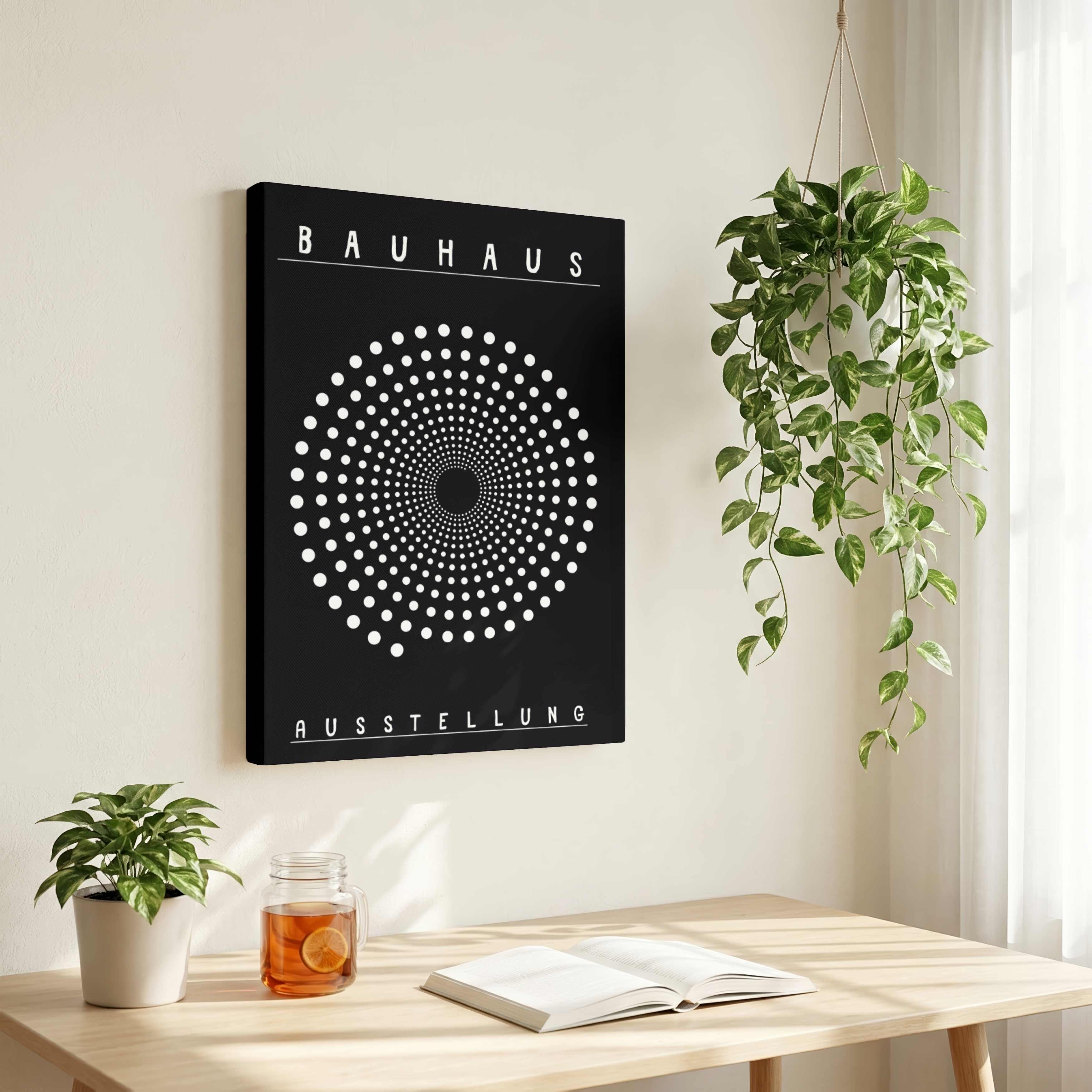 Bauhaus "Ausstellung" Kinetic Halftone Spiral Poster | Vertical High-Contrast White Framed Wall Art 2 : 3 Vertical Premium Wall Art Canvas by MeriDeewar