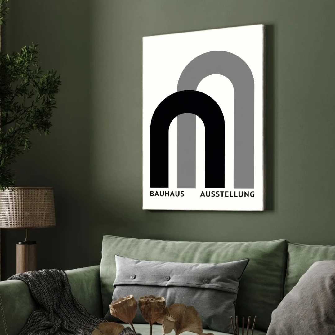 Bauhaus "Ausstellung" Minimalist Layered Geometric Arches Poster | Vertical White Framed Wall Art 2 : 3 Vertical Premium Wall Art Canvas by MeriDeewar