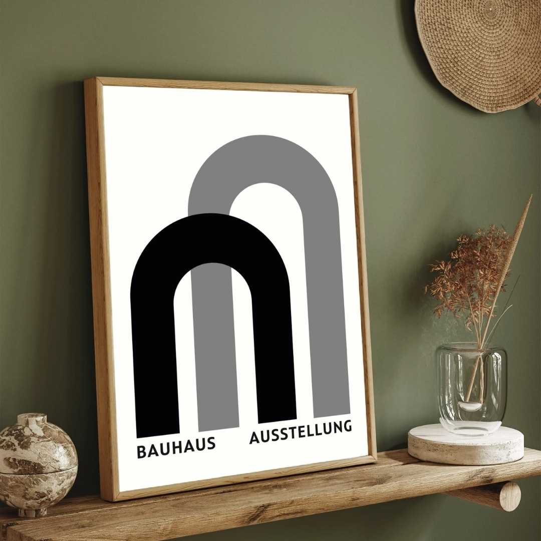 Bauhaus "Ausstellung" Minimalist Layered Geometric Arches Poster | Vertical White Framed Wall Art 2 : 3 Vertical Premium Wall Art Canvas by MeriDeewar