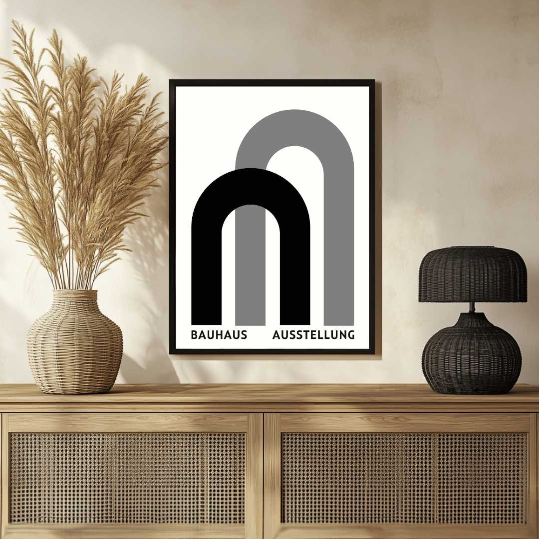 Bauhaus "Ausstellung" Minimalist Layered Geometric Arches Poster | Vertical White Framed Wall Art 2 : 3 Vertical Premium Wall Art Canvas by MeriDeewar