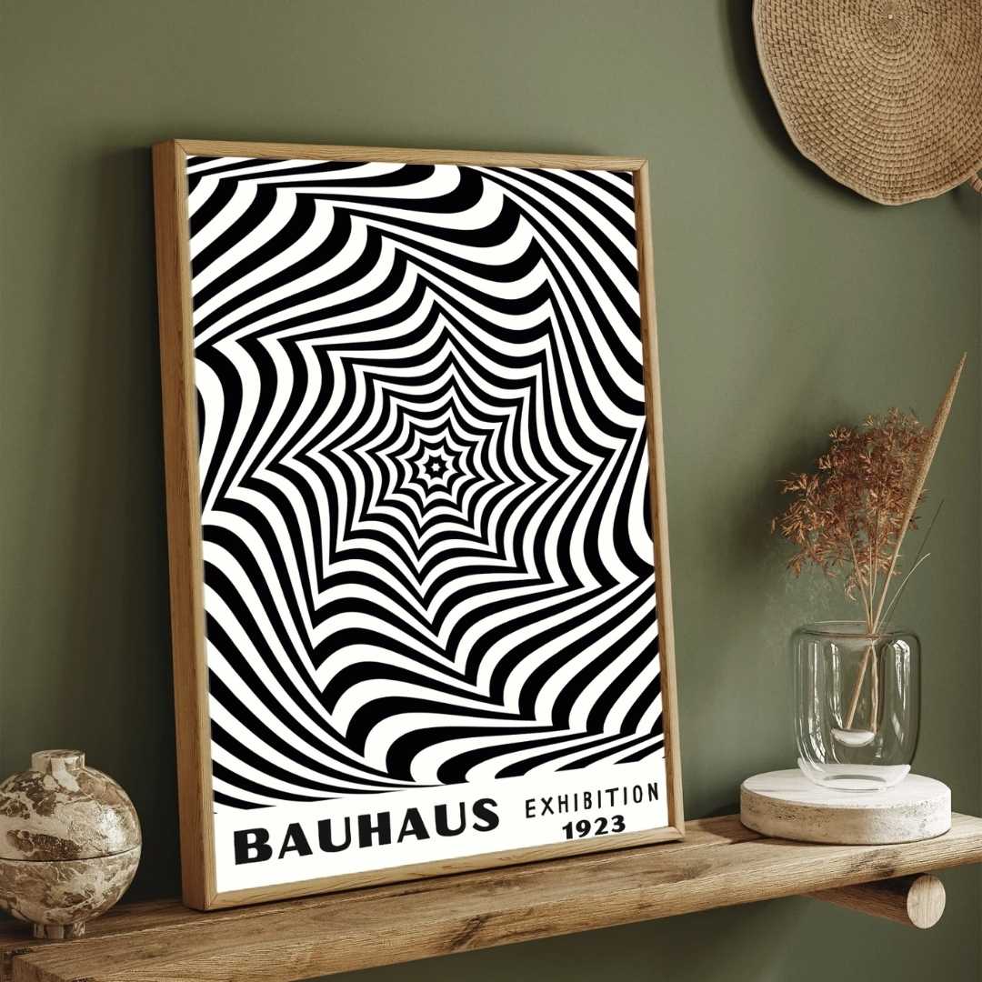 Bauhaus "Exhibition 1923" Kinetic Optical Spiderweb Vortex Poster | Vertical High-Contrast White Framed Wall Art 2 : 3 Vertical Premium Wall Art Canvas by MeriDeewar