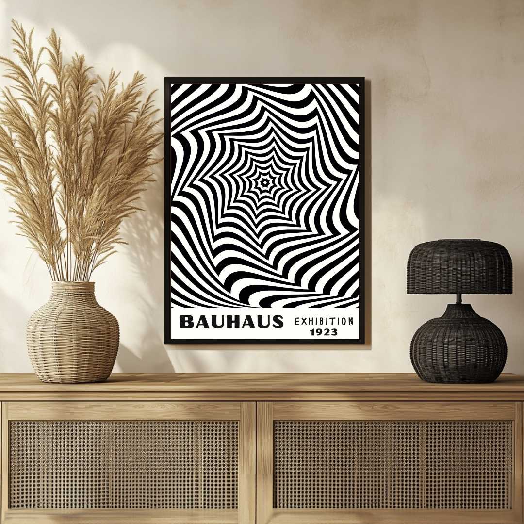 Bauhaus "Exhibition 1923" Kinetic Optical Spiderweb Vortex Poster | Vertical High-Contrast White Framed Wall Art 2 : 3 Vertical Premium Wall Art Canvas by MeriDeewar