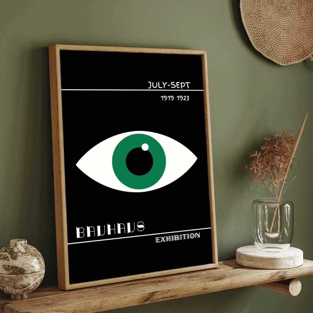 Bauhaus Exhibition Green Eye Geometric Poster | Vertical High-Contrast White Framed Wall Art 2 : 3 Vertical Premium Wall Art Canvas by MeriDeewar