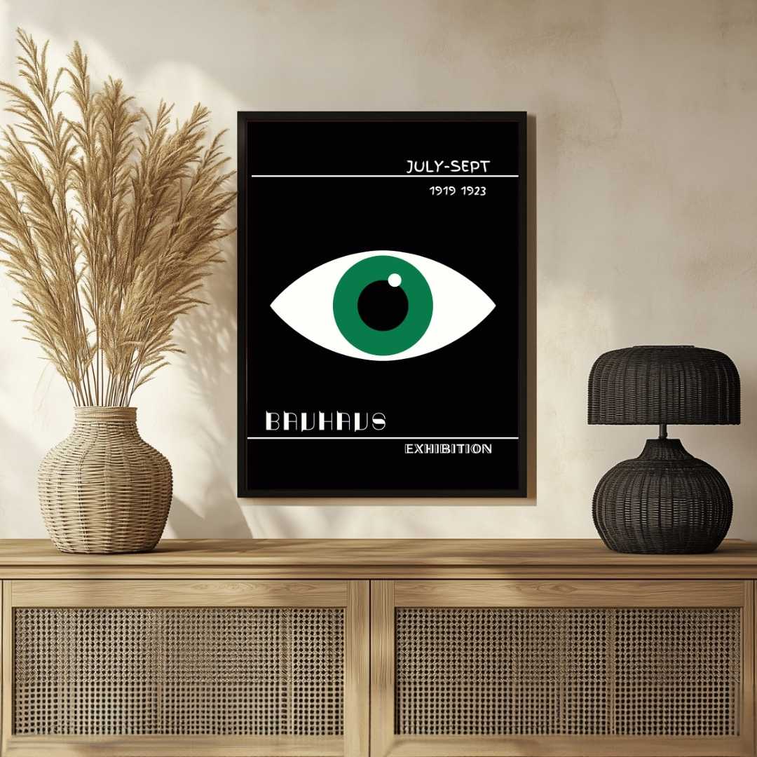Bauhaus Exhibition Green Eye Geometric Poster | Vertical High-Contrast White Framed Wall Art 2 : 3 Vertical Premium Wall Art Canvas by MeriDeewar