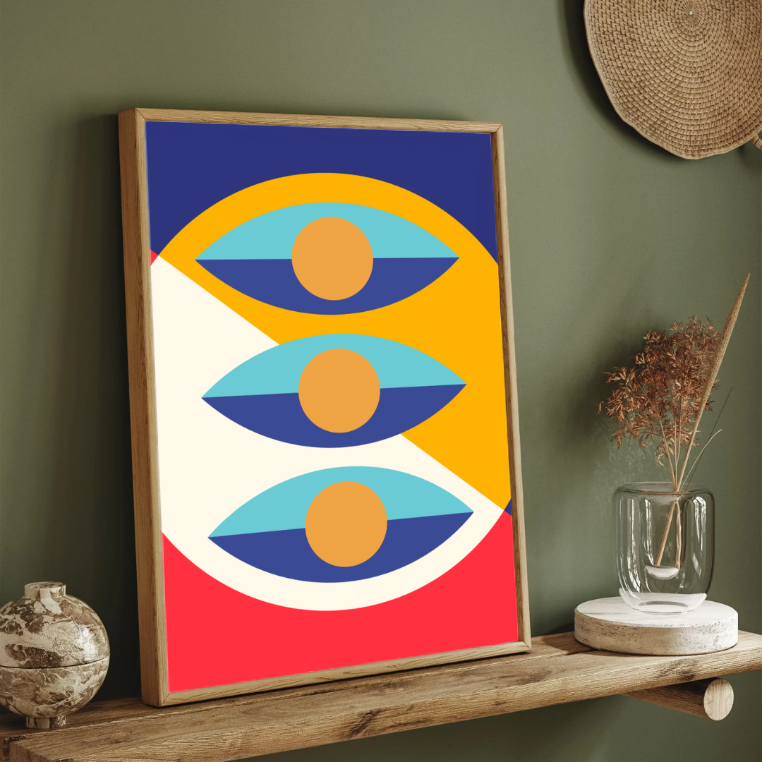 Bauhaus Geometric Abstract Eyes Wall Art | Retro Modern Framed Print 2 : 3 Vertical Premium Wall Art Canvas by MeriDeewar