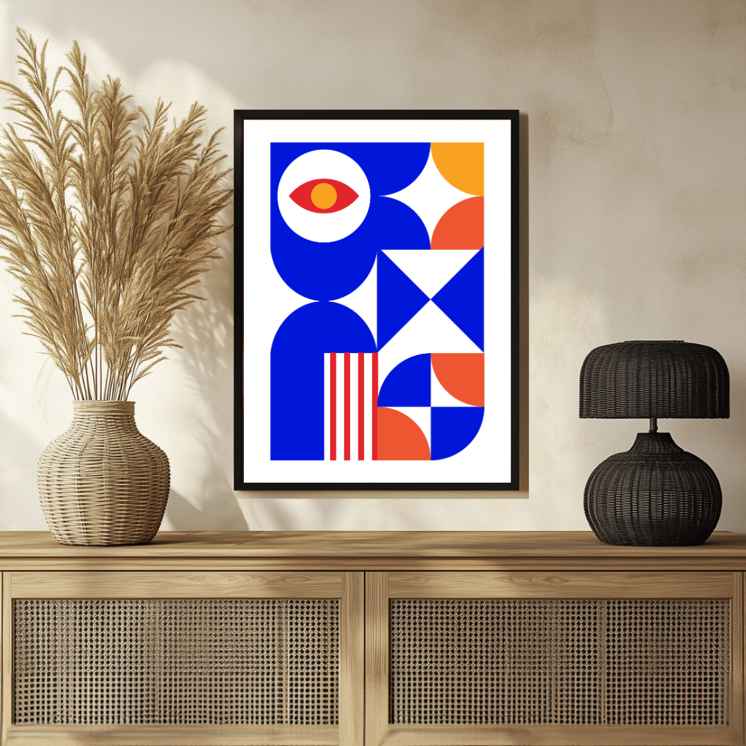 Bauhaus Geometric Eye Wall Art | Retro Blue & Orange Framed Print 2 : 3 Vertical Premium Wall Art Canvas by MeriDeewar
