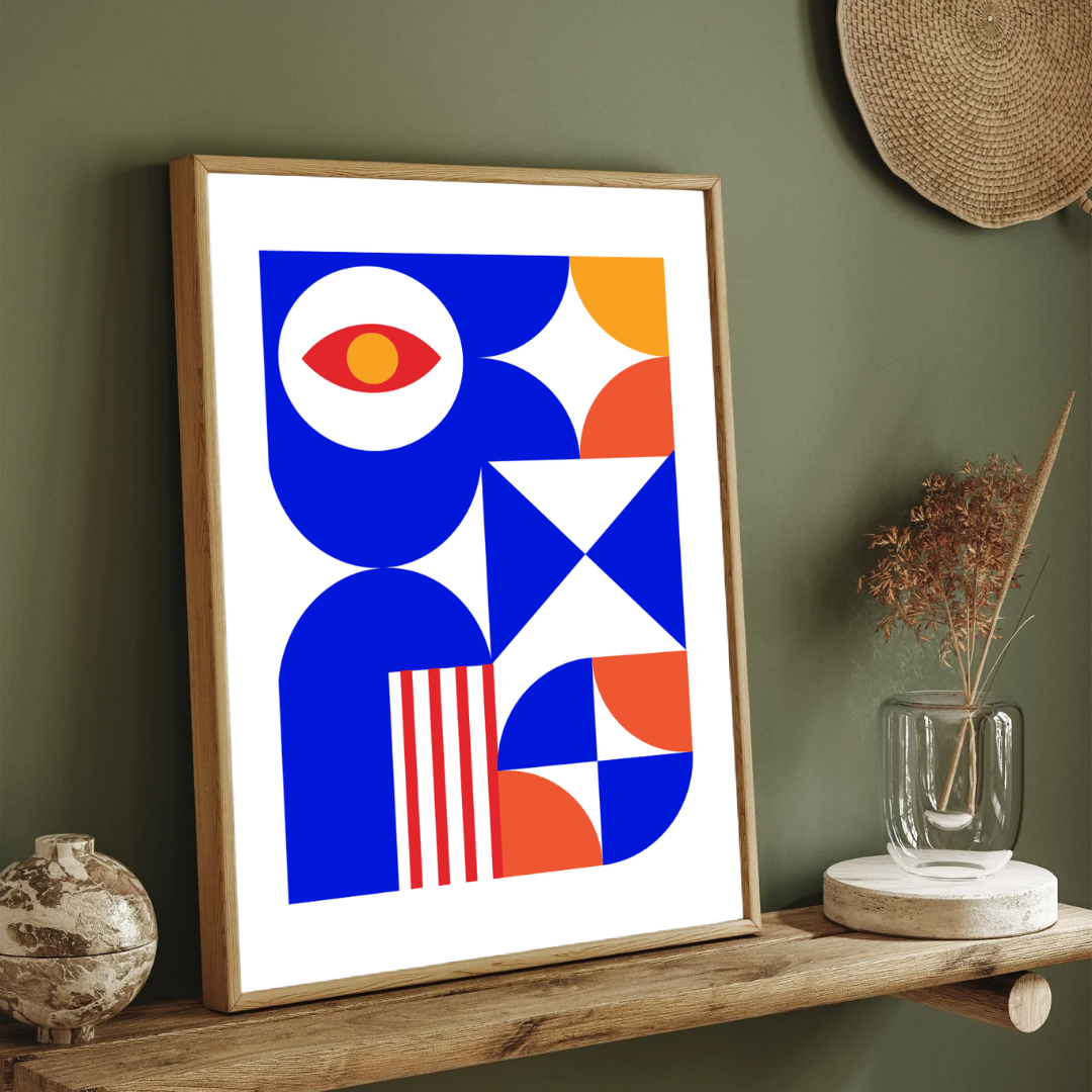 Bauhaus Geometric Eye Wall Art | Retro Blue & Orange Framed Print 2 : 3 Vertical Premium Wall Art Canvas by MeriDeewar