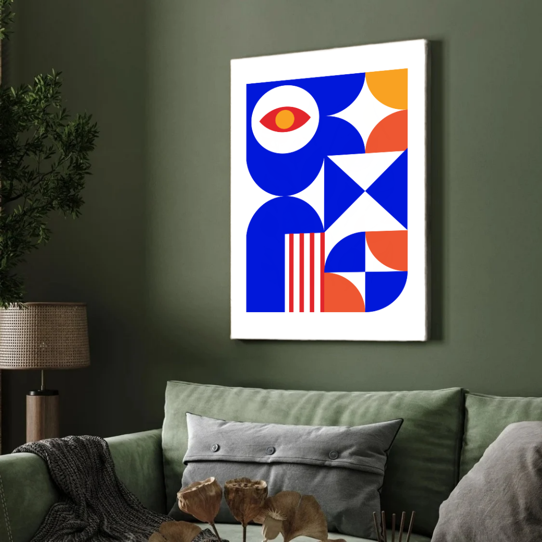 Bauhaus Geometric Eye Wall Art | Retro Blue & Orange Framed Print 2 : 3 Vertical Premium Wall Art Canvas by MeriDeewar