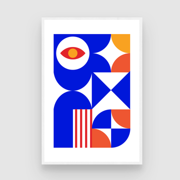 Bauhaus Geometric Eye Wall Art | Retro Blue & Orange Framed Print 2 : 3 Vertical Premium Wall Art Canvas by MeriDeewar