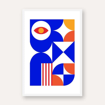 Bauhaus Geometric Eye Wall Art | Retro Blue & Orange Framed Print 2 : 3 Vertical Premium Wall Art Canvas by MeriDeewar