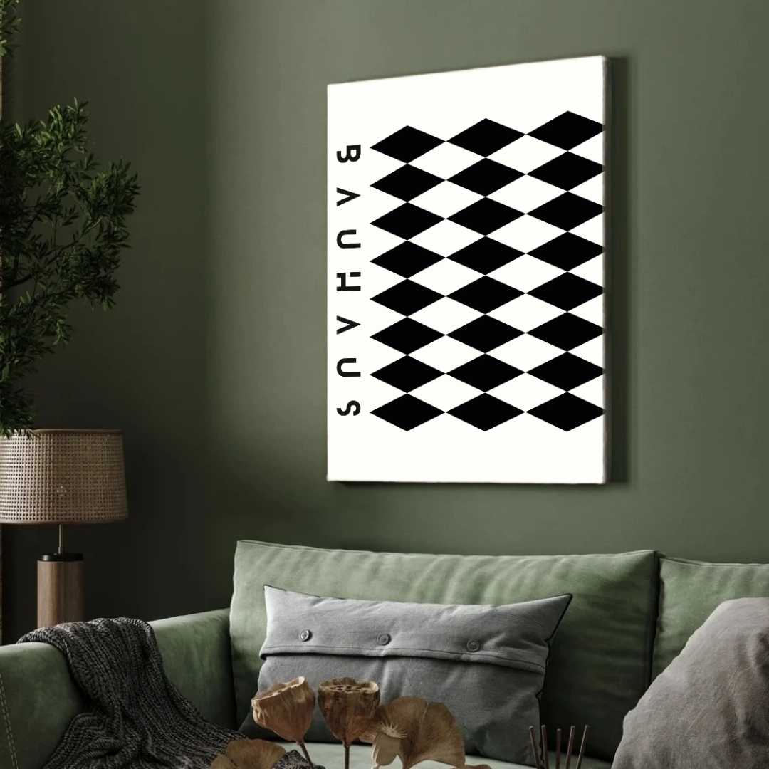 Bauhaus Geometric Harlequin Diamond Pattern Poster | Vertical Abstract White Framed Wall Art 2 : 3 Vertical Premium Wall Art Canvas by MeriDeewar