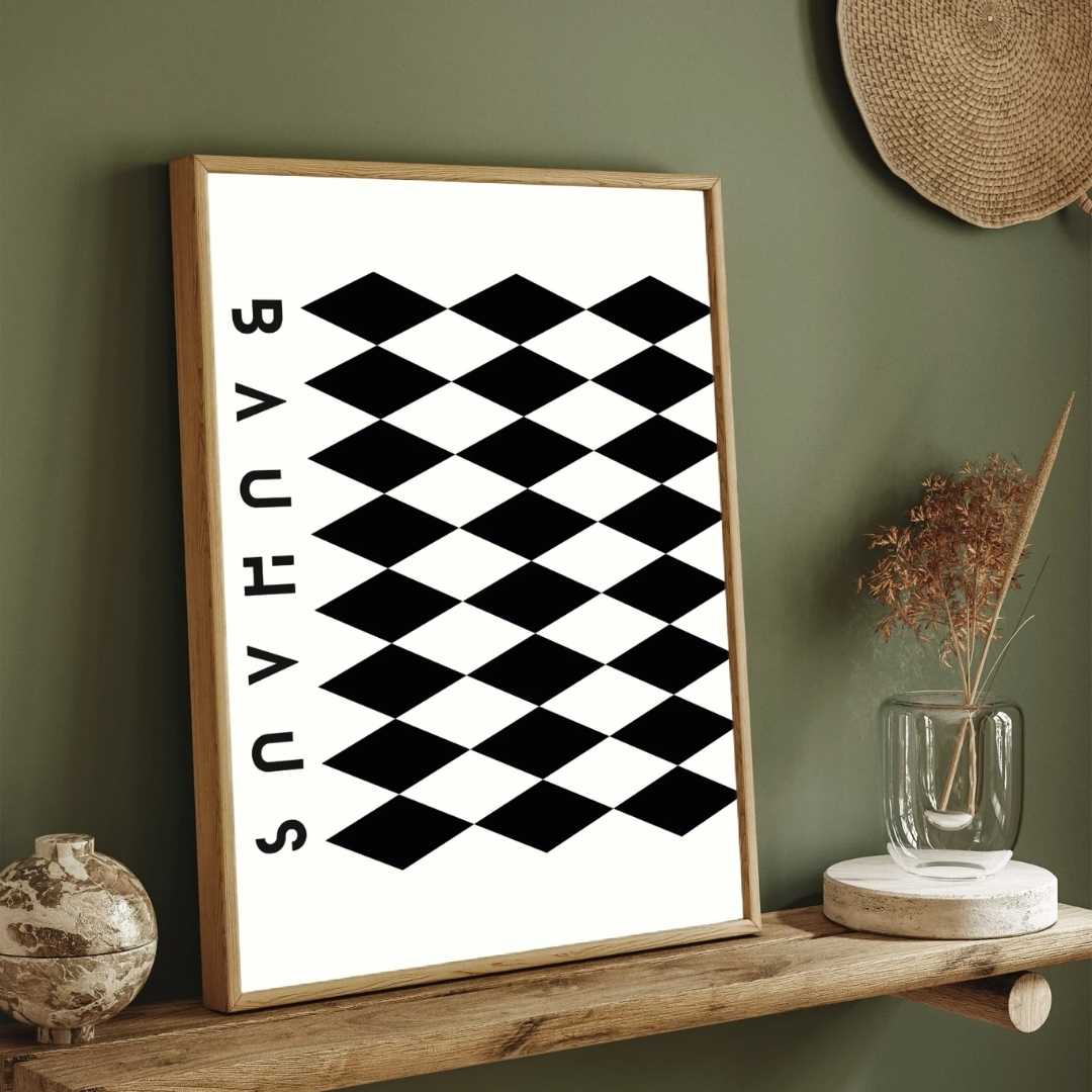 Bauhaus Geometric Harlequin Diamond Pattern Poster | Vertical Abstract White Framed Wall Art 2 : 3 Vertical Premium Wall Art Canvas by MeriDeewar