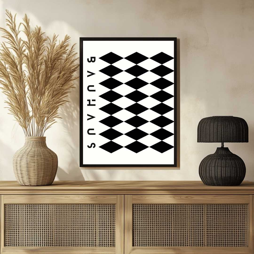 Bauhaus Geometric Harlequin Diamond Pattern Poster | Vertical Abstract White Framed Wall Art 2 : 3 Vertical Premium Wall Art Canvas by MeriDeewar