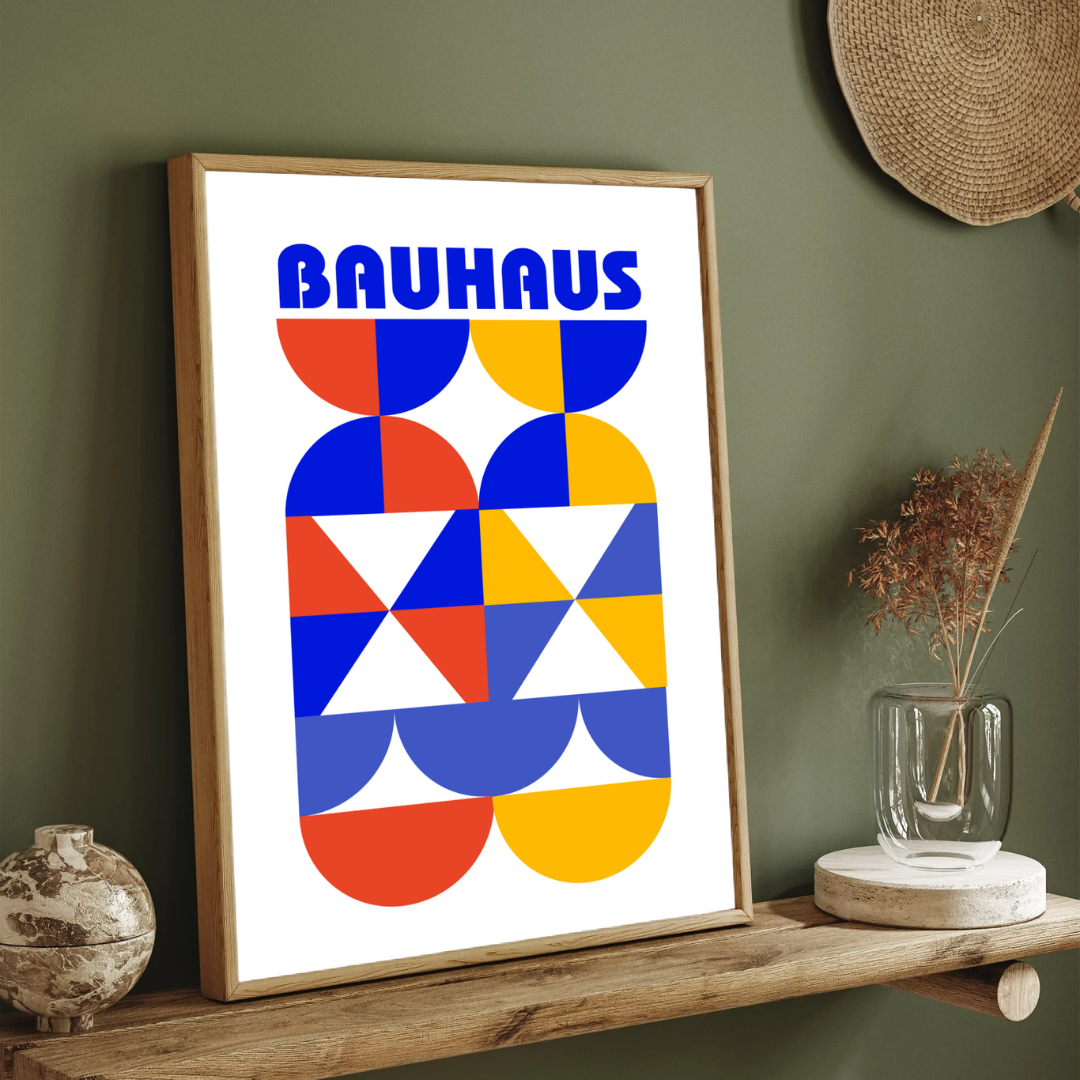 Bauhaus Geometric Primary Colors Wall Art | Retro Modern White Framed Print 2 : 3 Vertical Premium Wall Art Canvas by MeriDeewar