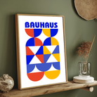 Bauhaus Geometric Primary Colors Wall Art | Retro Modern White Framed Print 2 : 3 Vertical Premium Wall Art Canvas by MeriDeewar