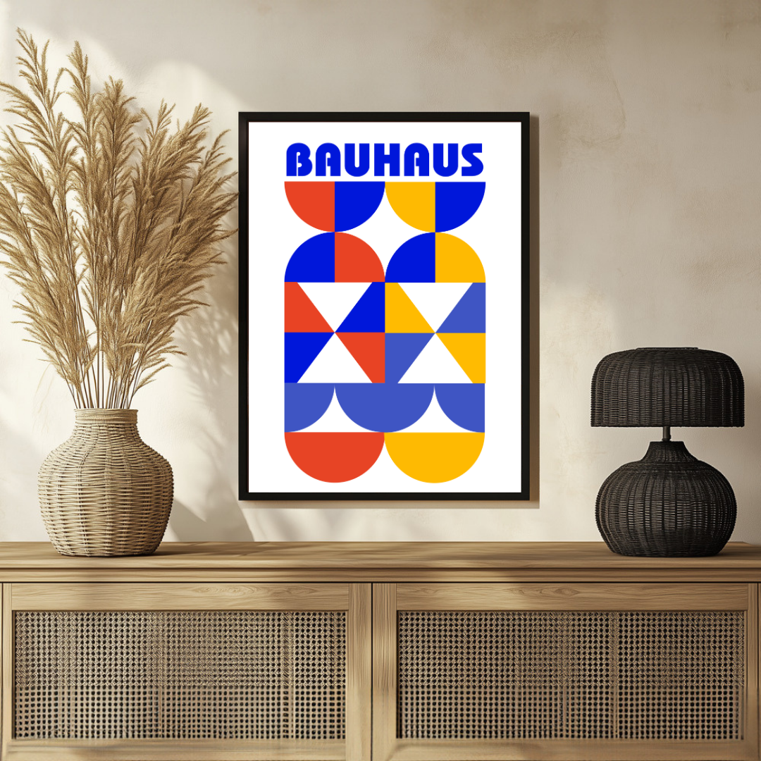 Bauhaus Geometric Primary Colors Wall Art | Retro Modern White Framed Print 2 : 3 Vertical Premium Wall Art Canvas by MeriDeewar