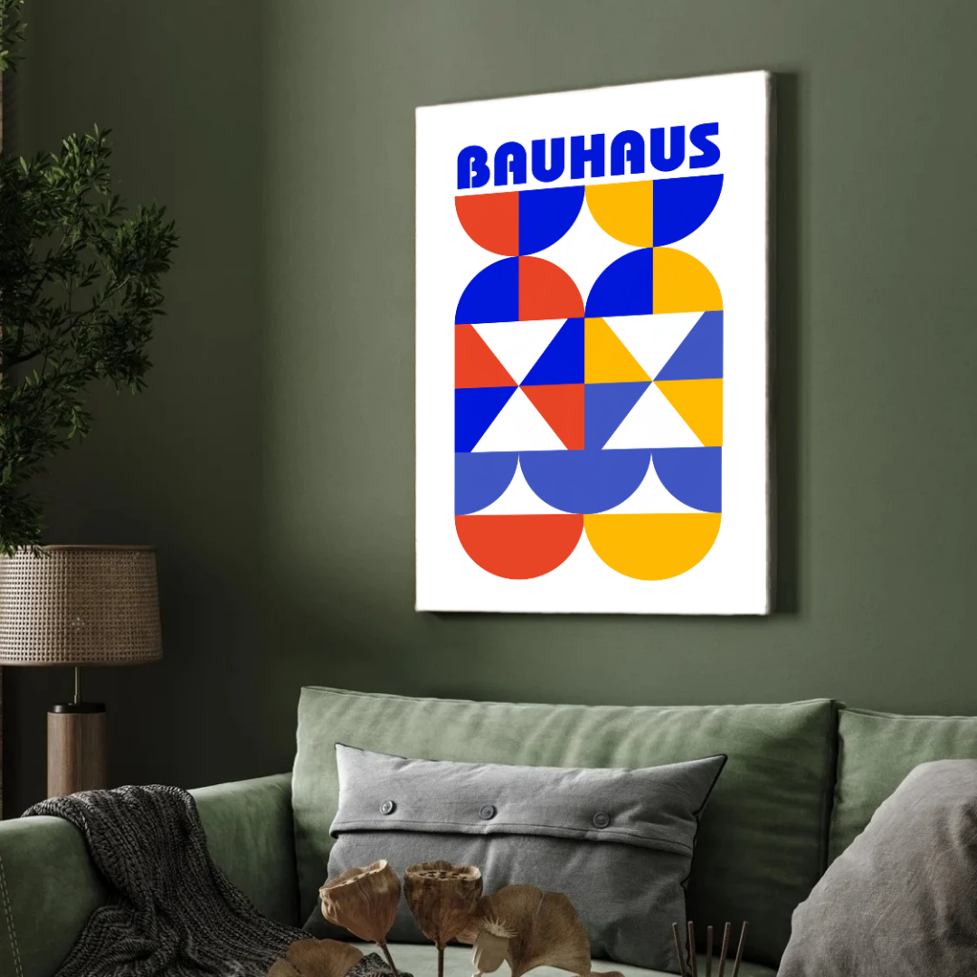 Bauhaus Geometric Primary Colors Wall Art | Retro Modern White Framed Print 2 : 3 Vertical Premium Wall Art Canvas by MeriDeewar