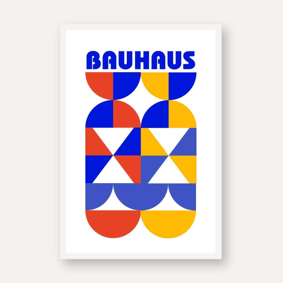 Bauhaus Geometric Primary Colors Wall Art | Retro Modern White Framed Print 2 : 3 Vertical Premium Wall Art Canvas by MeriDeewar