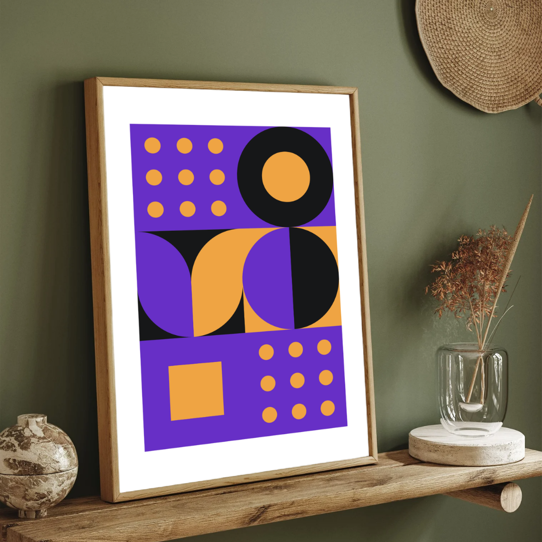 Bauhaus Geometric Purple & Mustard Wall Art | Retro Minimalist Framed Print 2 : 3 Vertical Premium Wall Art Canvas by MeriDeewar