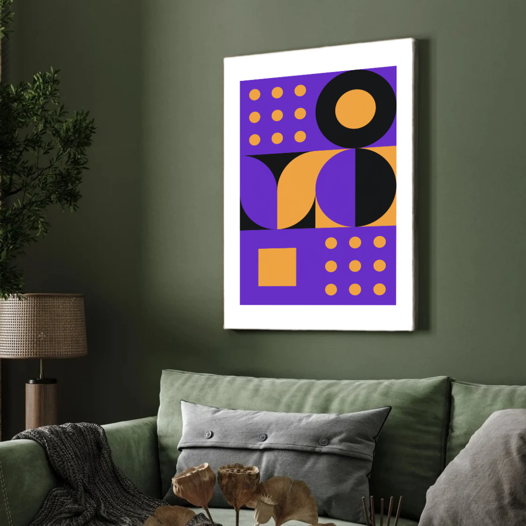 Bauhaus Geometric Purple & Mustard Wall Art | Retro Minimalist Framed Print 2 : 3 Vertical Premium Wall Art Canvas by MeriDeewar