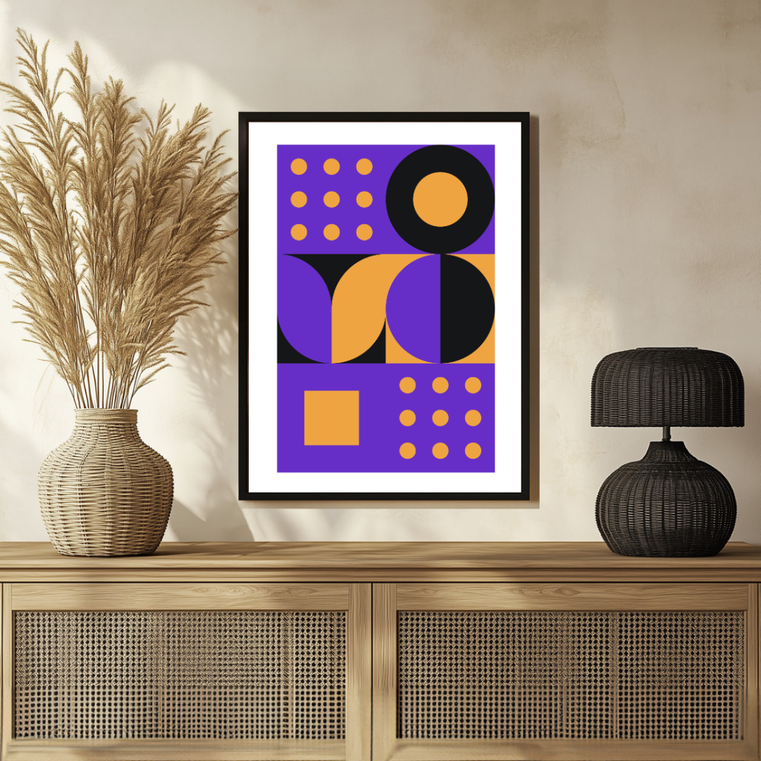 Bauhaus Geometric Purple & Mustard Wall Art | Retro Minimalist Framed Print 2 : 3 Vertical Premium Wall Art Canvas by MeriDeewar